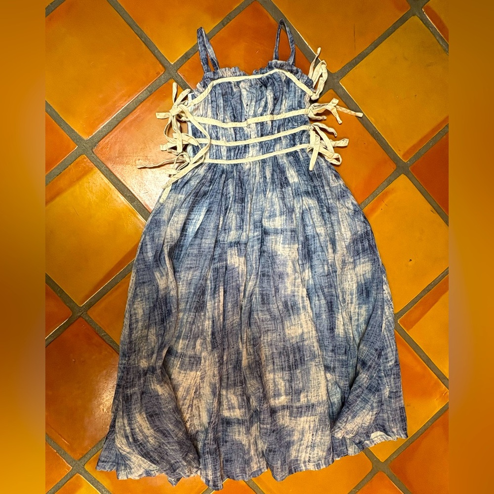 Linen naive blue sleeveless midi dress summer